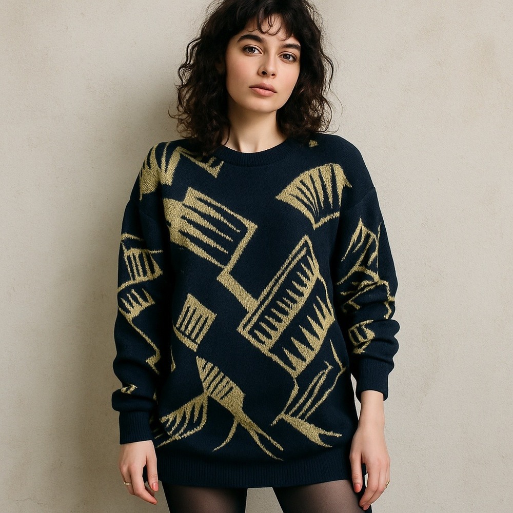 Vintage Ellen-D Kollection‎ USA Black Gold Abstract Geo Knit Sweater XL Oversize